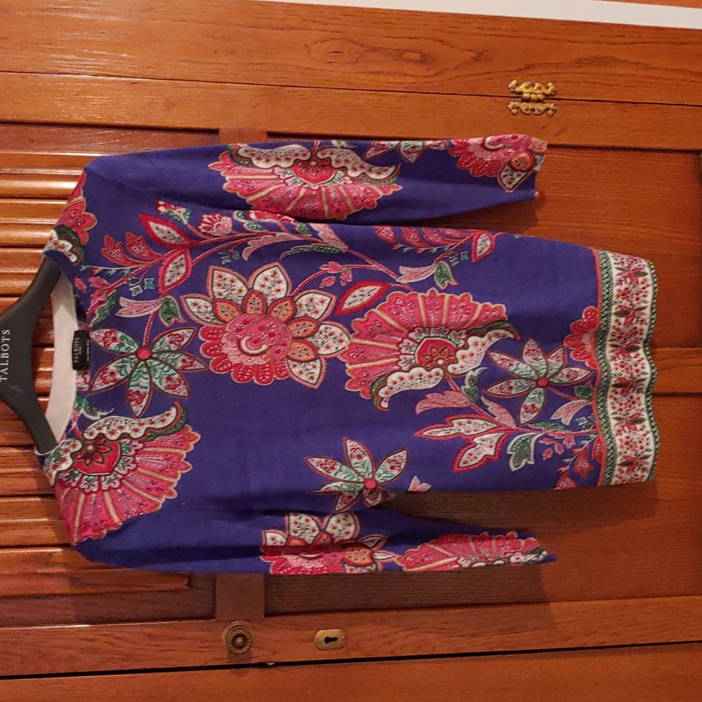 Talbots Purple Floral Crewneck Sweater with Pink & Green Accents